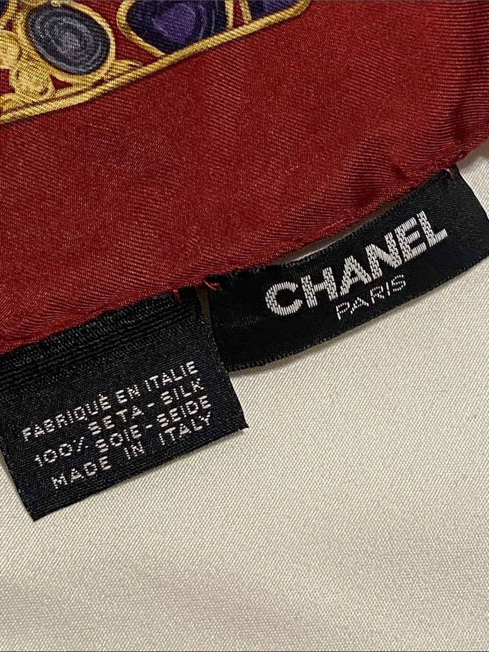 Chanel Silk Square Scarf with Jewel Motif - Red, Gold, Blue, Green